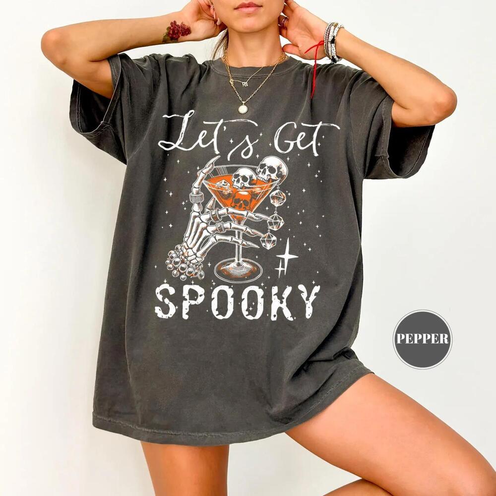 LetS Get Spooky T-Shirt, Skeleton Martini Halloween Tee